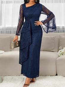 SHEIN Lady Four Season Wedding Guest Dress Elegant Lace Asymmetrical Neckline Bell Sleeves Ruffled Trim Slim Fit Women's Dress - Navy Blue - View 7