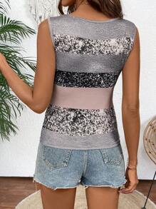SHEIN LUNE Camiseta sin mangas de cuello redondo para el verano, ajuste slim, con rayas y estampado, con cremallera y cierre semiabierto, camisetas gráficas para mujer con bolsillo falso - Multicolor - Ver 2