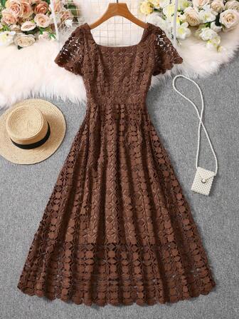 Franclia Women Solid Color Square Neck Mesh Panel Elegant Short Sleeve Dress Maxi Women Outfit