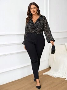 SHEIN Frenchy 大码女式返校装，布里奇顿风格，荷叶边V领，秋季长袖女式浪漫全印花灯笼袖优雅休闲紧身衣，春夏季 - 彩色 - 查看 7