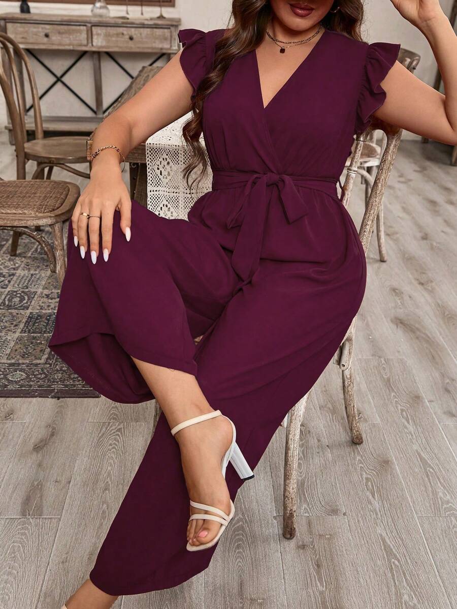 Breezaya Plus Size Women's Solid Color Overlap V-Neck Cap Sleeve Wide Leg Elegant Jumpsuit - Purple - View 1