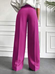 EURMUSE Solid Slant Pocket Wide Leg Suit Pants - Burgundy - View 2