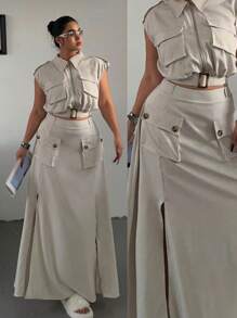 POPSWAY Plus Size 2pcs/Set Sleeveless Zipper Crop Top And High Slit Hem Skirt Set - Apricot - View 1