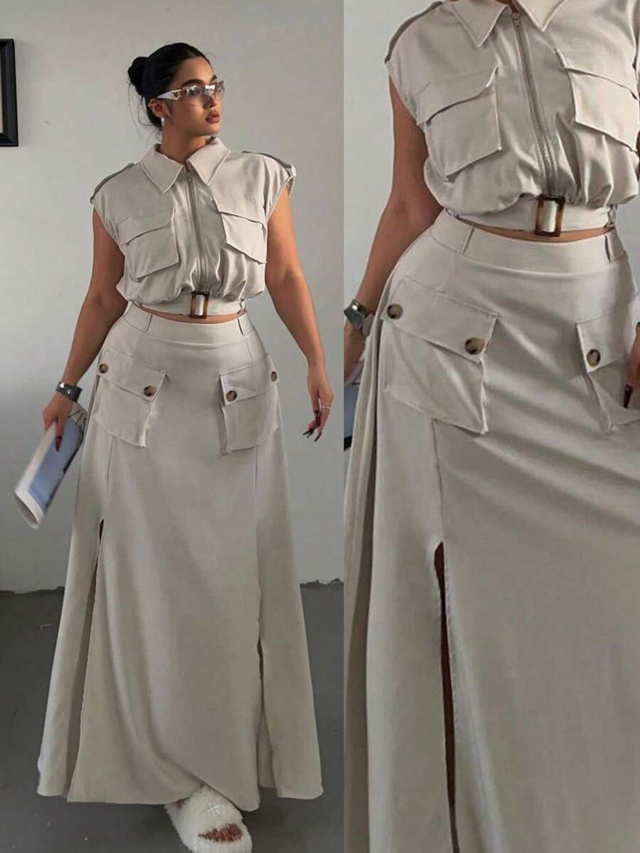 POPSWAY Plus Size 2pcs/Set Sleeveless Zipper Crop Top And High Slit Hem Skirt Set - Apricot - View 1