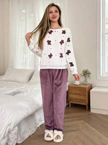 泰迪熊法兰绒长袖上衣和裤子蓬松睡衣套装，秋冬服装，舒适保暖 - 紫色 - 查看 5