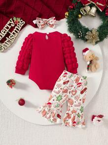 3pcs/Set Baby Girls Christmas Cartoon Santa Claus Tree & Snowman Print Ruffle Bodysuit + Waffle Fabric Bow Flared Pants & Headband, Winter - Red - View 2