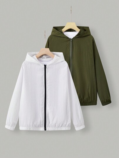 SHEIN 2pcs/Set Tween Boy Casual Resort Printed Hooded Loose Zip Front Long Sleeve Woven Jacket, 2 Colors