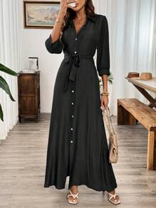 Chiquease Open Front Tie-Waist 3/4 Sleeve Blue Shirt Dress