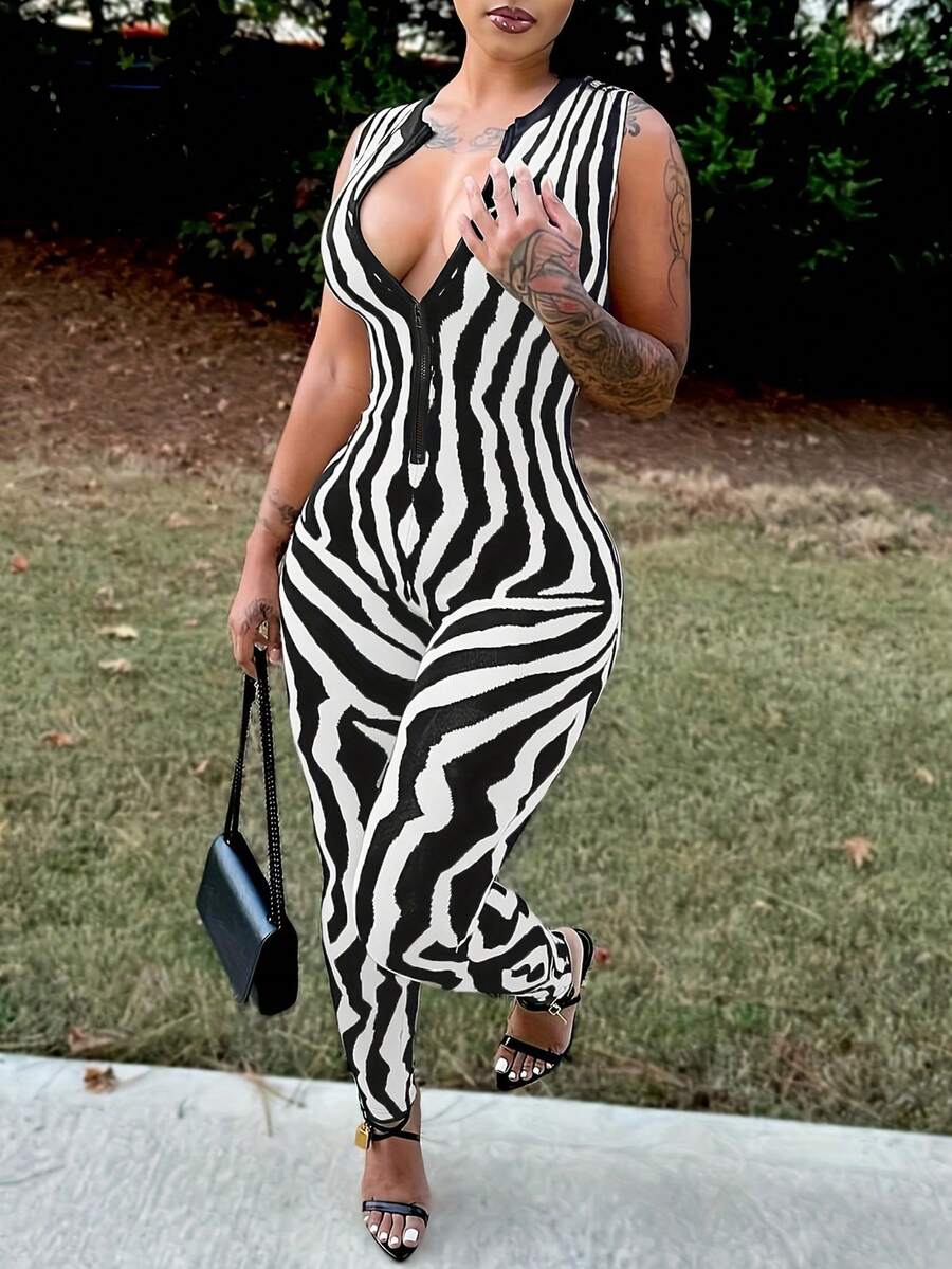 Y2K 斑马纹拼色拉链前开合紧身连衣裤度假约会装 - 黑與白 - 查看 1