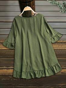 Linhara Plus Size Women's Summer Solid Color Crew Neck Ruffle Hem Loose Casual Blouse - Green - View 2