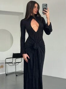 Aloruh Modisches figurbetontes schwarzes Minikleid mit Rundhalsausschnitt, sexy tiefem Bund, Hohlmuster und Twist zur Verdeckung des Bauchs für Damen