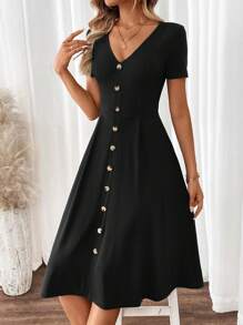 SHEIN Clasi Damen elegantes grünes A-Linien Kleid mit V-Ausschnitt und Kurzarm