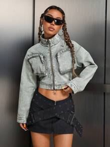 SHEIN ICON Solid Color Casual Long Sleeve Denim Jacket With Zip Pockets Fall Cloth For Women - Green - View 3