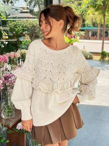 EURMUSE Women's Autumn/Winter Long Sleeve Ruffled Jacquard Knit Sweater - Beige - View 6