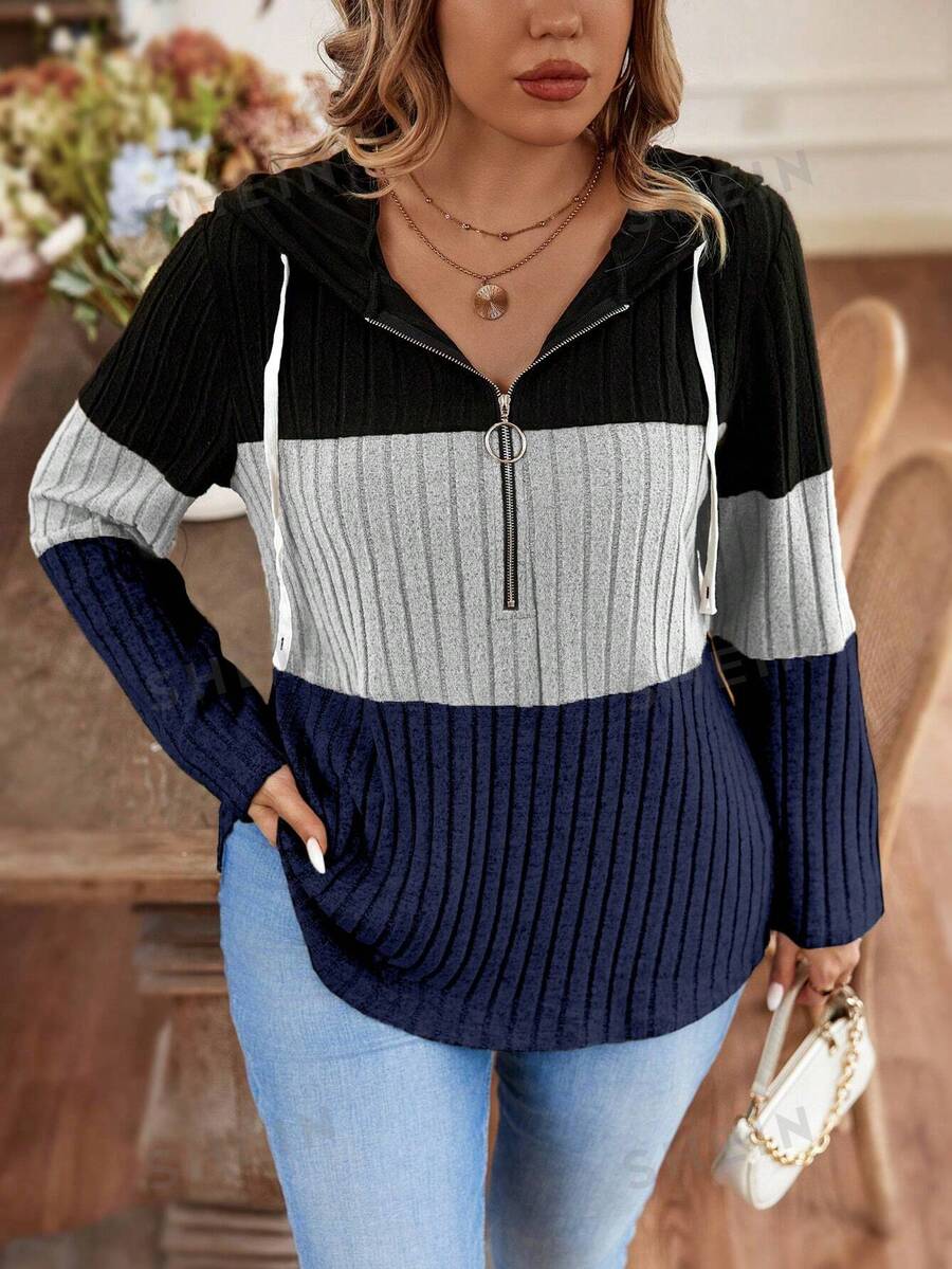 EMERY ROSE Sudadera con capucha casual con cuello en V, cremallera decorativa, manga larga, suave tejido de punto acanalado, peludo, de tres colores con empalme en contraste, talla grande