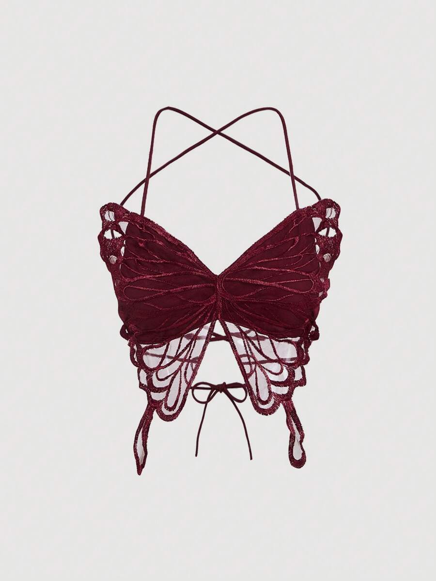 Aveloria Affinna Sexy Spaghetti Strap Backless Butterfly Cutout Tie-Up Crop Top Holiday Party Clothes Cute Funny Shirts  - Burgundy - View 1