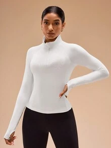 Áo nỉ nữ tay raglan dài tay màu trơn, khóa kéo phía trước, kiểu dáng năng động, thích hợp cho mùa xuân/hè/thu. - trắng - Xem 7