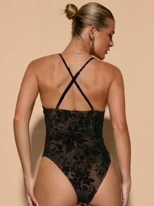 SHEIN BAE Sweet Holiday Date Mesh All-Over Floral Print Flocked Spaghetti Straps Neckline Draped Women's Bodysuit ,Club Women Outfits,Halloween Outfits - Black - View 2