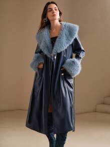 Anewsta 女式长款人造皮革海军蓝翻领大衣，配狐狸毛袖口 - 藏蓝色 - 查看 7