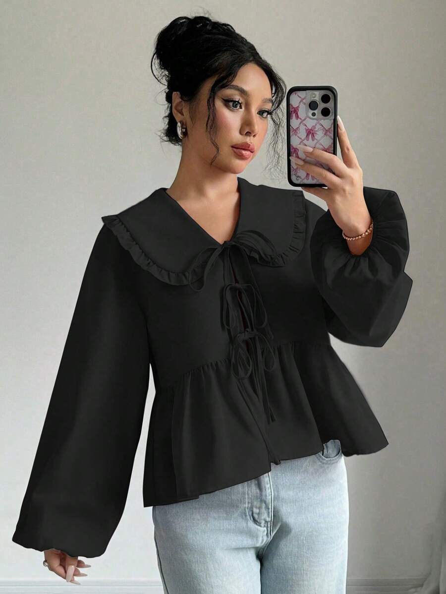 Chiquease 春秋休闲彼得潘领蝴蝶结长灯笼袖衬衫女士衬衫