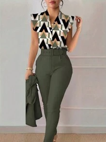 SHEIN LUNE 地理印花蝙蝠袖上衣＆腰帶褲 - 軍綠色 - 查看 6