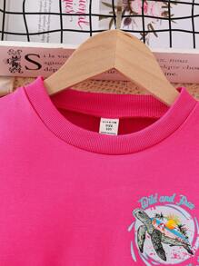 Tween Girls' Sea Turtle & Letter Print Crew Neck Long Sleeve Sweatshirt - Hot Pink - View 4