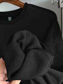 SHEIN EZwear 女士休闲简约牛头印花圆领宽松厚款长袖运动衫，适合春秋冬季 - 黑色 - 查看 5