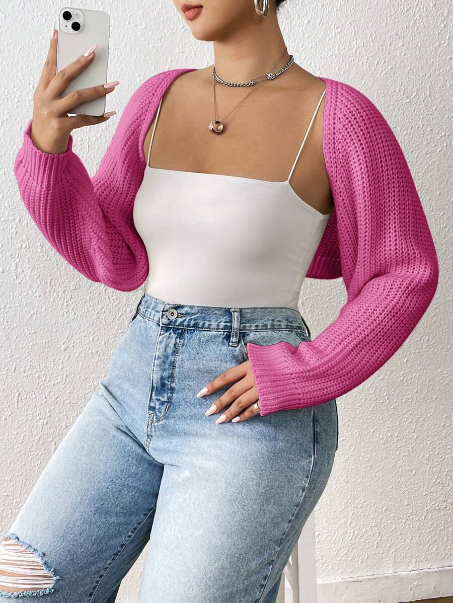 CovetEZ 加大罗纹针织开衫无吊带背心春装 - 玫紅色 - 查看 1