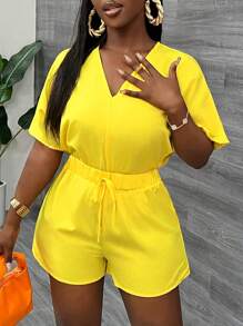 Slaydiva Casual V Neck Bat Sleeve Short Sleeve Shorts Yellow Women's Jumpsuit-C
