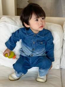 Bộ áo sơ mi denim ombre cho bé trai - Bao gồm 1 áo sơ mi denim ombre và quần denim phù hợp, mang đến một bộ trang phục thoải mái và thời trang - Nhiều màu - Xem 3