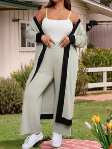 SHEIN LUNE Plus Size Women's Spring/Summer Contrast Color Long Sleeve Cardigan And Casual Pants 2 Pieces Set - Multicolor - View 4