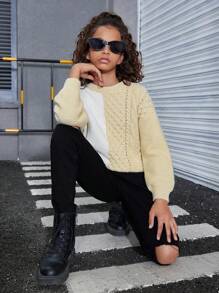 Jersey casual para niña preadolescente con cuello redondo y ajuste holgado, bloque de colores, otoño/invierno - Caqui - Ver 1
