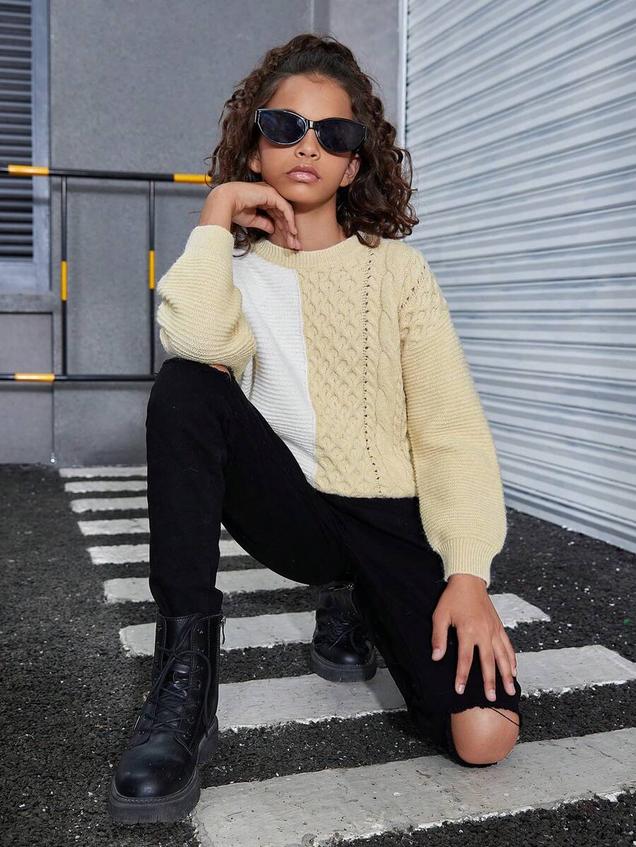 Jersey casual para niña preadolescente con cuello redondo y ajuste holgado, bloque de colores, otoño/invierno - Caqui - Ver 1
