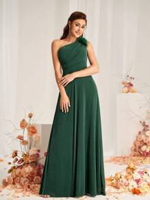 SHEIN Belle Vestido elegante de dama de honor de línea A con cuello asimétrico, decoración de plumas en el hombro, plisado y bajo con bajo asimétrico, hecho de tela coreana de hilo de plata elástica color verde oscuro, para eventos formales como bodas - Verde Oscuro - Ver 5