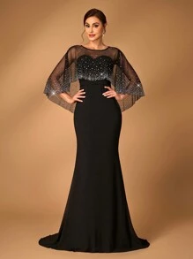 Serin 优雅经典黑色雪纺拼接华丽网纱细闪烫钻精湛工艺抹胸披肩披肩2件套鱼尾款及地下摆适合妈妈出席婚礼活动晚宴舞会正式妈妈装妈妈晚礼服，新娘妈妈礼服 - 黑色 - 查看 6