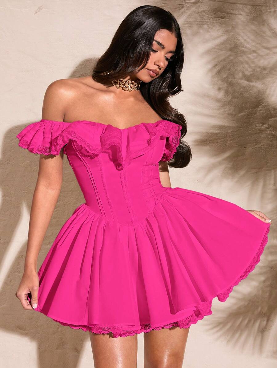 SHEIN BAE 夏季性感甜美露肩蕾丝纯色荷叶边胸部蕾丝边甜美泡泡袖女式连衣裙 - 玫紅色 - 查看 1