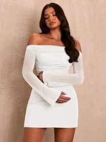 SHEIN BAE Summer Sexy Off-Shoulder Ruffle Mini Dress With Flare Hem For Women, See-Through Sage Green - White - View 7