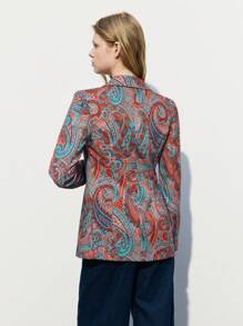 Maija 女式红色花卉印花翻领垫肩长袖前口袋时尚百搭度假风格西装外套，早春