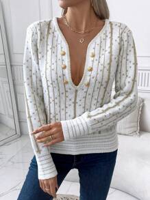 SHEIN LUNE Suéter de mujer con botones decorados con hilo dorado, suéter de punto para otoño e invierno - Multicolor - Ver 5