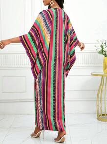 SHEIN Lady 四季连衣裙带袖女装复古波西米亚风优雅秋装秋季女装圣诞连衣裙工作低调休闲郊游海滩彩色编织V领蝙蝠袖新款长款秋装长款女装 - 彩色 - 查看 2