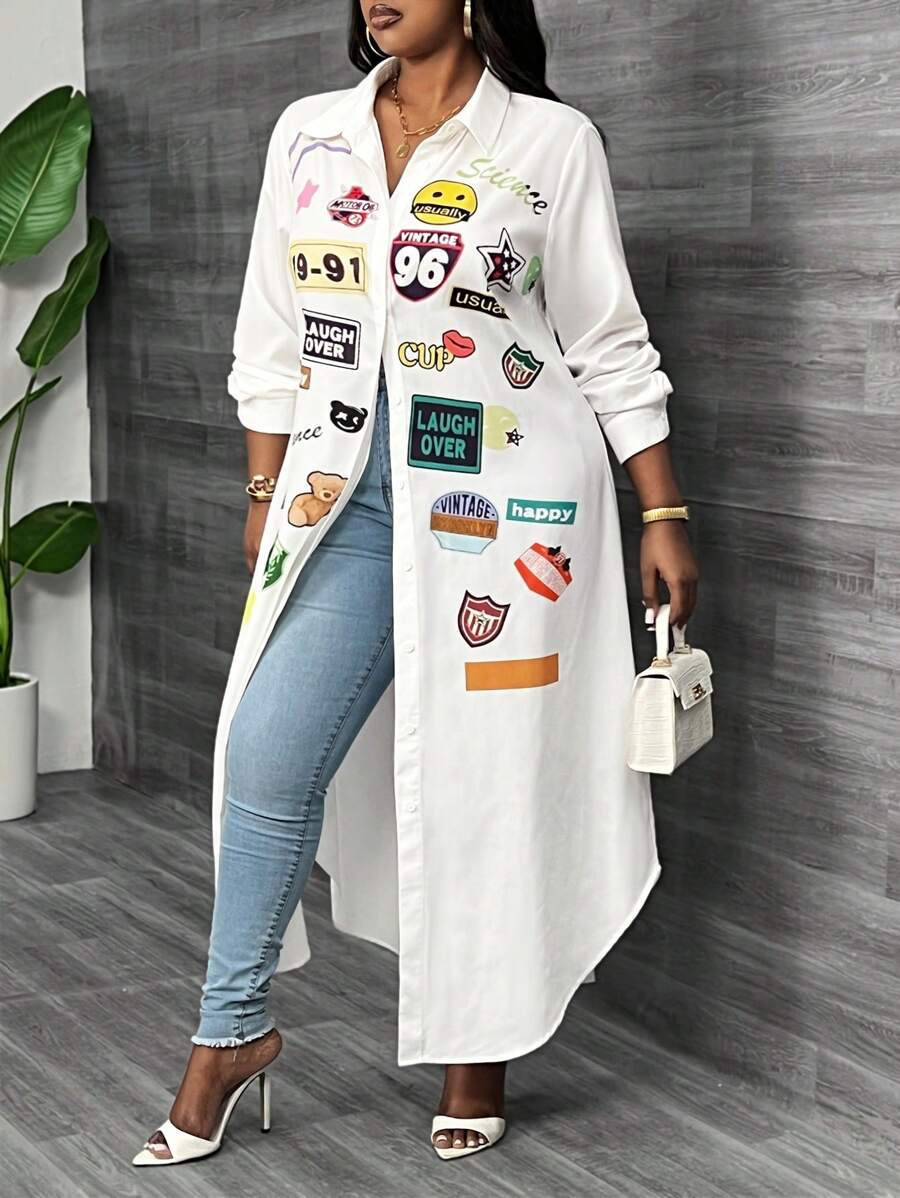 Slaydiva Plus Size Women Casual Printed Long Sleeve Shirt Dress - White - View 1