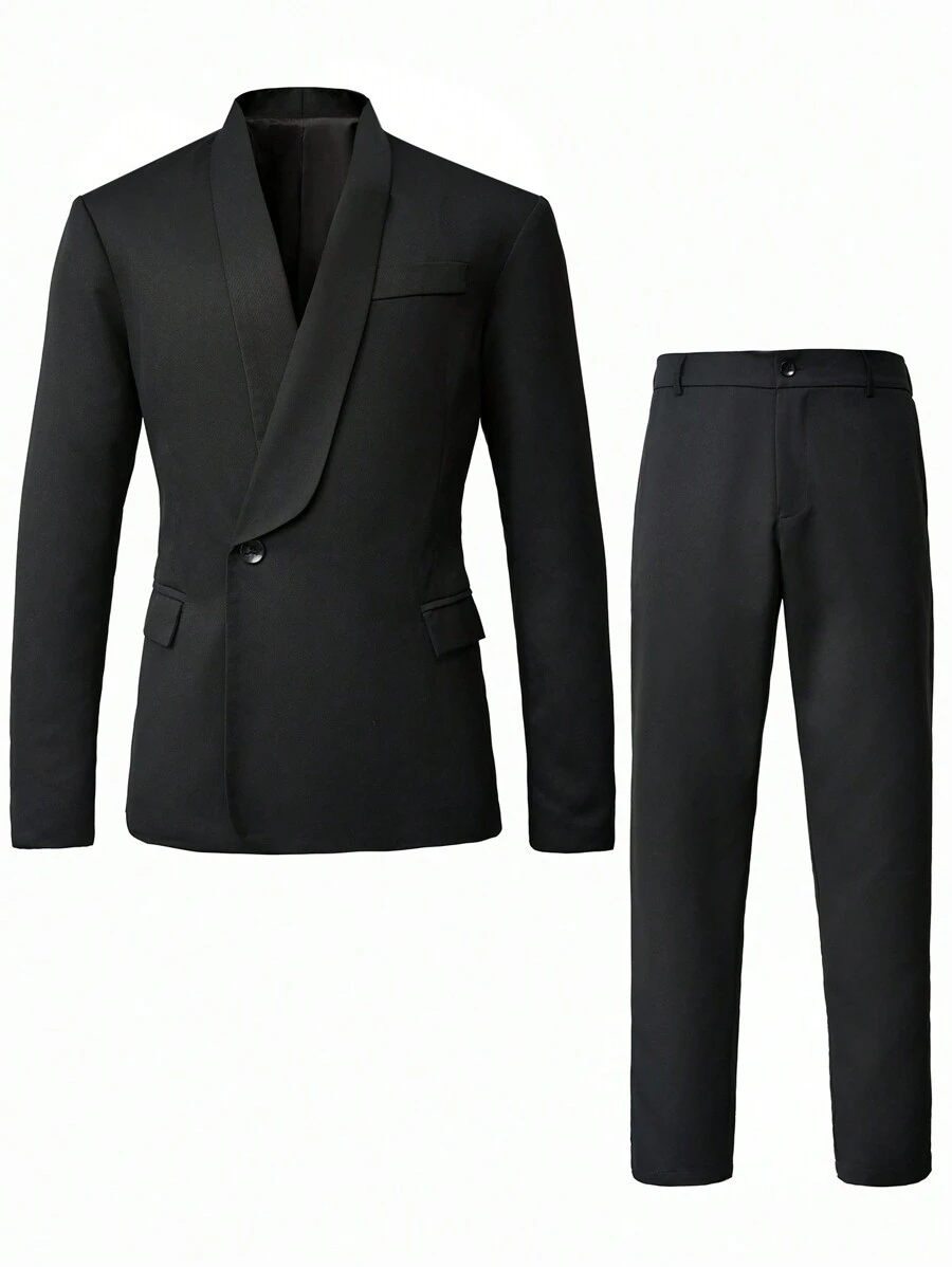 Calvornis Men's Solid Color Lapel Collar Long Sleeve Blazer And Pants Suit Set, Spring Autumn - Black - View 1