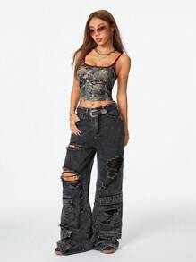 SHEIN Coolane 女士复古枝叶迷彩印花拼接撞色无袖背心，街头时尚潮流 Y2K 风格