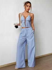 SHEIN Unity 2pcs/Set Women Casual Striped Camisole & Elastic Waist Straight Leg Pants - Blue - View 5