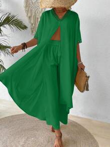 SHEIN LUNE 2 piezas/set Camisa y pantalones sueltos casuales con cuello en V y parche de encaje - Verde - Ver 3