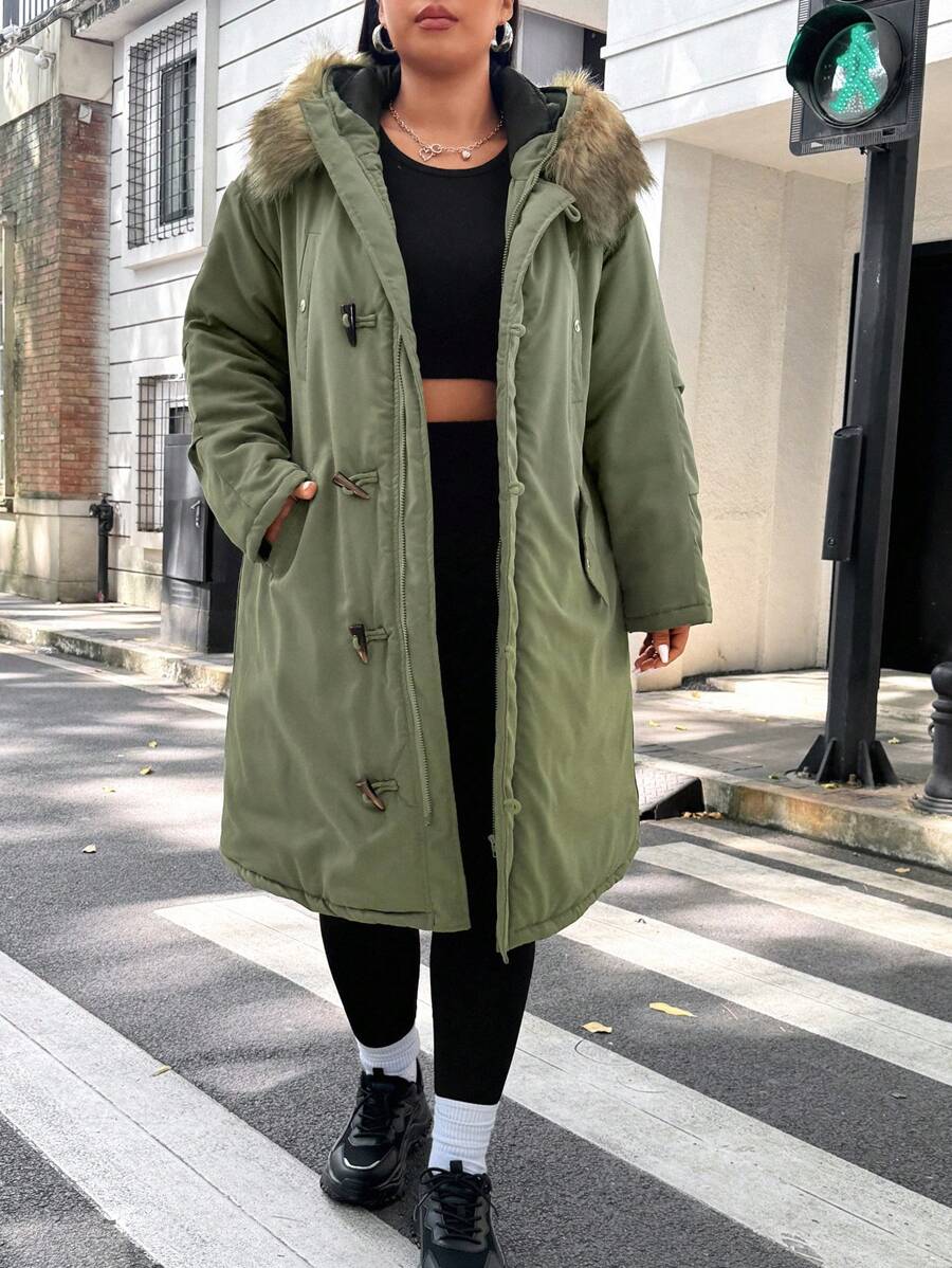 SHEIN EZwear 大码女式冬季纽扣设计蓬松连帽宽松长款休闲棉服外套 - 軍綠色 - 查看 1