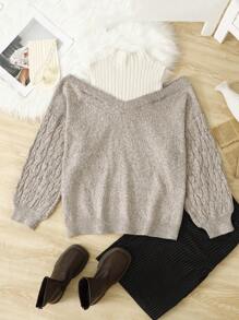 SHEIN Privé Plus Size Women Contrast Color Knitted French Style Apricot Pullover Sweater - Multicolor - View 2