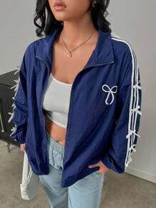 SHEIN Privé 大码舒适休闲日常街头运动芭蕾风格蝴蝶结衬衫海军蓝长袖轻便女式夹克 - 藏蓝色 - 查看 8