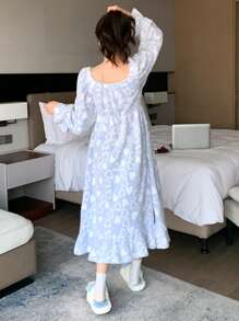 DAZY Women's Winter Heart Print Flannel Ruffled Nightgown Pajama,Thermal Lined - Blue - View 2