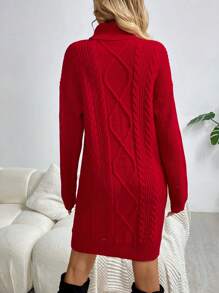 SHEIN LUNE Vestido de Navidad de manga larga con cuello alto, de parches unicolor casual, rojo chino para otoño/invierno - Rojo - Ver 2
